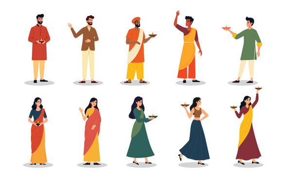 People celebrate diwali vector graphic illustration set