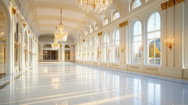Elegant and classic empty ballroom with crystal chandeliers and natural sunlight shining through windows