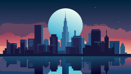 Fototapeta premium Cityscape silhouette with moon reflection