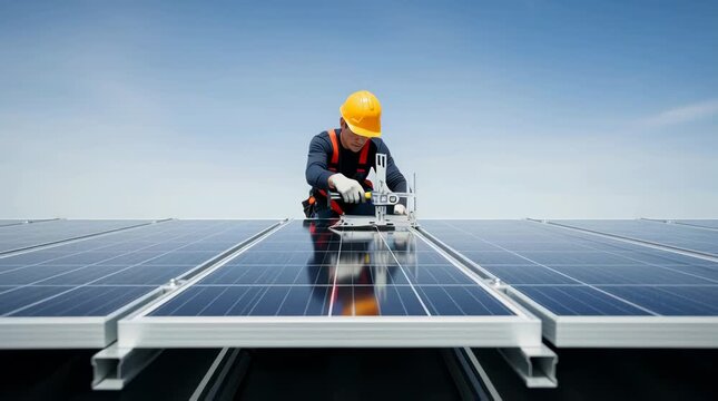 Solar panel renewable energy and sustainability for clean power generation during installation with technician adjusting photovoltaic modules on rooftop under bright blue sky Efficiency maintenance