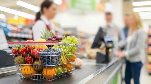 Metal shopping basket filled with colorful fresh fruits on a grocery store checkout counter