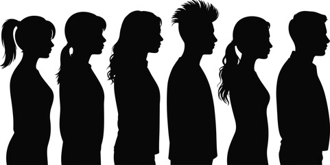 Side profile people silhouettes collection with men and women heads and hairstyles in minimalist black vector style for avatar design. © Yeacen