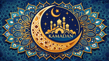 Naklejka premium Ramadan crescent with mosque illustration