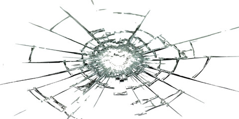 Obraz premium A detailed illustration of a bullet hole or impact point in glass, showing the spiderweb of cracks radiating from the center.