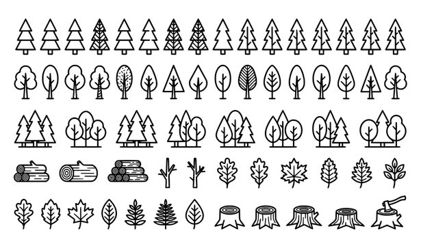 Wood forest and tree minimal line icon collection for advertising shop and book design