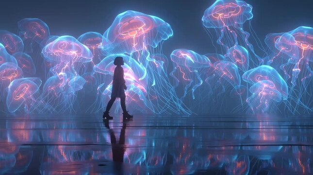 Teenage girl walking holographic neon aquarium, fish made of flowing light digital data streams, glowing jellyfish, soft bioluminescent pulses, cinematic reflections water immersive futuristic surreal