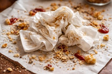 Crumpled and soiled paper towels lay scattered on white paper, surrounded by food crumbs, seasoning, and ketchup drops, depicting the aftermath of a messy meal or snack