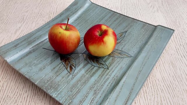 Two fresh apples, red and yellow, rest side by side on a decorative rectangular plate with a leaf pattern, placed on a light wooden surface for a simple food scene