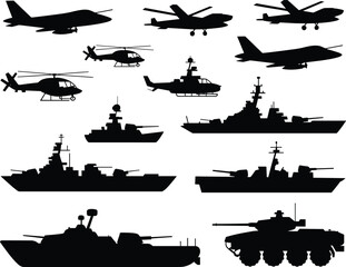 Military vehicle and aircraft silhouette collection featuring fighter jets, helicopters, warships and armored tank in minimalist black vector style for defense. © Yeacen