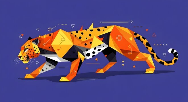 A colorful geometric illustration of a powerful Leopard made from sharp polygon shapes and bright gradients. The modern digital art style blends motion, patterns, and abstract elements. 🎨🐆