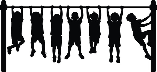 Children hanging on playground monkey bars silhouette with kids climbing and exercising in minimalist black vector style for park recreation. © Yeacen
