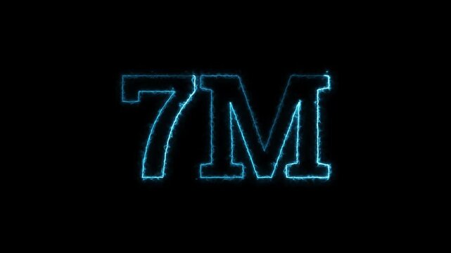 Blue neon 7M glowing electric light animation on black background celebration for seven million followers