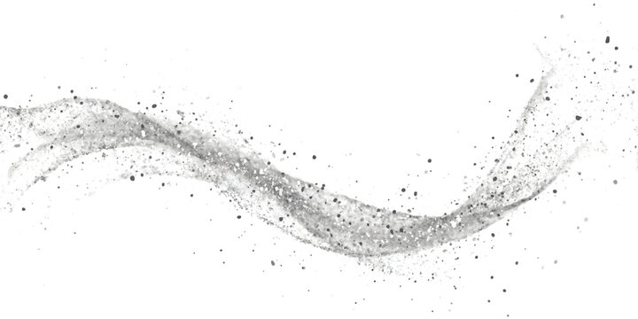A dynamic, abstract wave of silver and grey particles flowing across a white background
