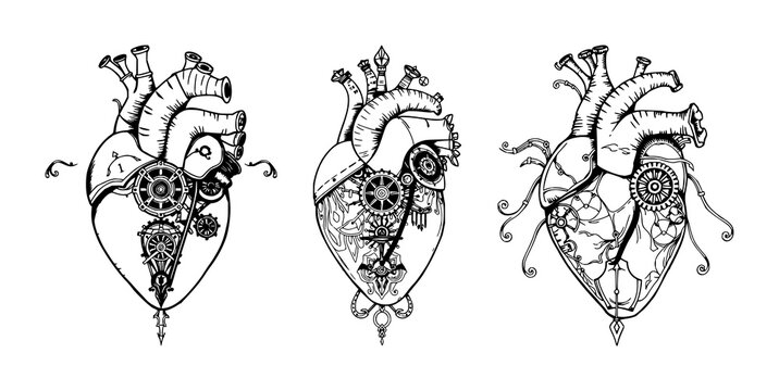 Mechanical heart set with ornate Victorian line art featuring mechanical heart, industrial romance aesthetic, detailed engraving with white background and line detailing