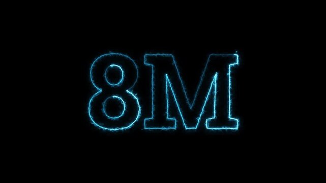 Abstract neon blue glowing 8M number animation with electric light effect on black background 4k