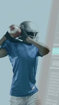 Vertical video: Player catching and securing ball shifting to move as sports HUD animating beside