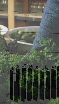 Vertical video: Arm reaching down, lifting kale while analytics overlays shifting and showing bowls