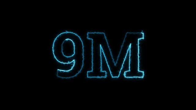 Blue Neon Electric Glowing 9M Subscribers Milestone Text Animation on Black Background Loopable 4K High-Quality