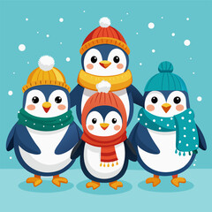 Fototapeta premium Cute Cartoon Penguin Family Wearing Hats and Scarves