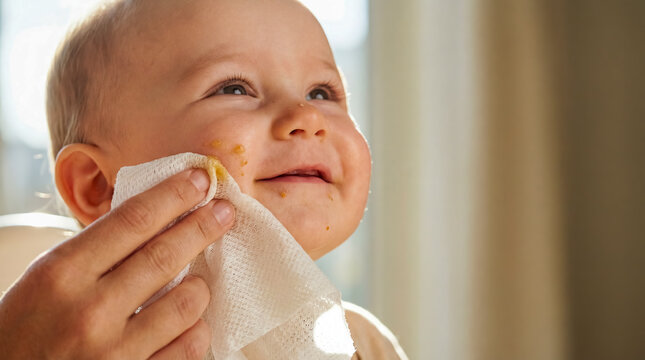 Mother wiping baby messy face wet wipe hygiene care copy space right clean skin parenting family routine holding close up portrait childhood wash