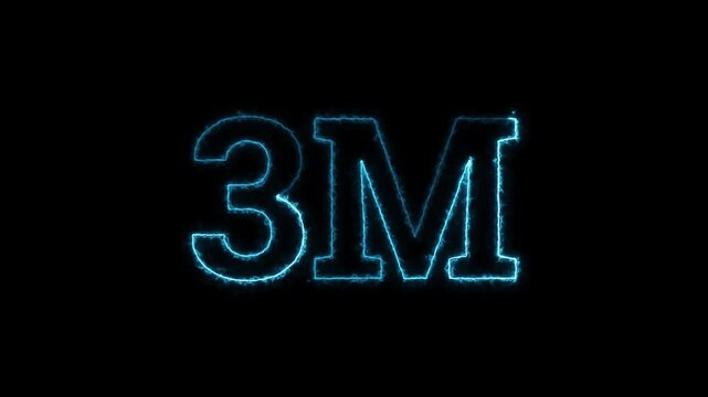 Blue neon glowing 3M text animation with electric energy flickering effect on black background loop.