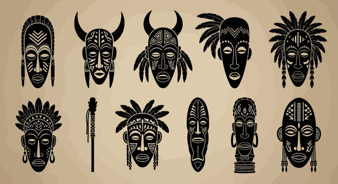Tribal African mask silhouettes with ethnic patterns, traditional ritual mask collection for cultural design, black indigenous totem vector set