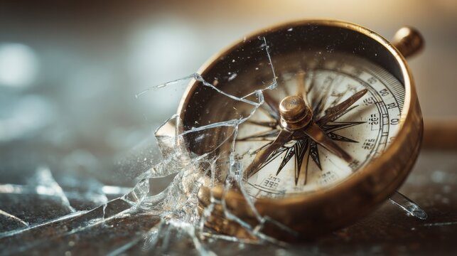 macro photography of a cracked compass with broken glass and displaced needle, symbol of lost direction in life or business uncertainty, soft blurred