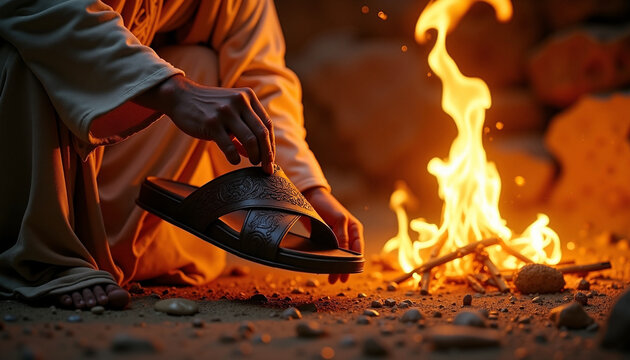 Scene from the Bible with Moses by the fire removing sandals, showing connection to Old Testament story, preparing for sacred ground.