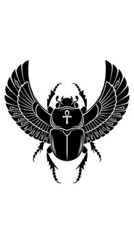Ancient Egyptian winged scarab beetle vector, black and white mystical ankh symbol illustration, sacred insect silhouette for tattoo design