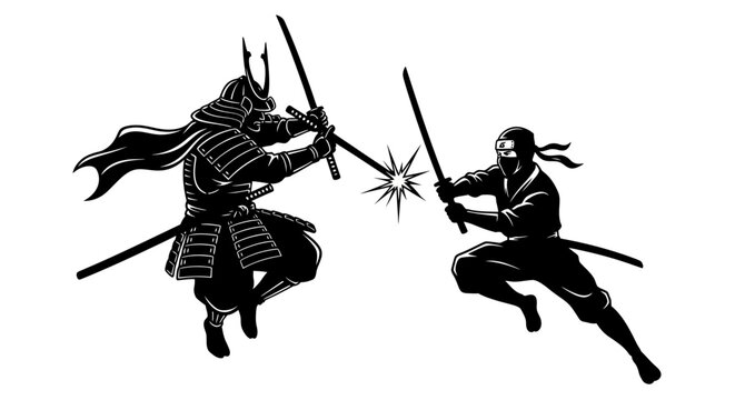 Japanese samurai and ninja duel vector illustration, black and white warrior silhouette fighting with katanas, ancient martial arts battle scene
