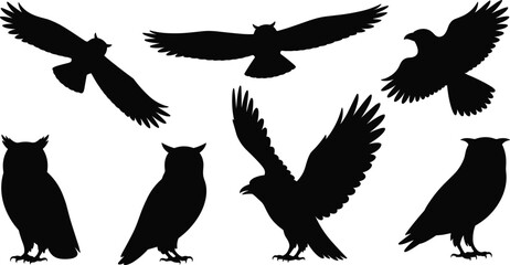 Obraz premium Owl Silhouette Collection with Flying and Perched Owls, Night Bird Predator Set Isolated on White Background, Wildlife Animal Vector Illustration