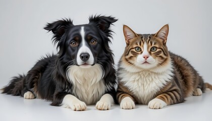 Fototapeta premium A black and white border collie and a fluffy brown tabby cat lying side by side, facing forward with calm expressions, detailed fur, soft studio lighting, and a dark minimal background