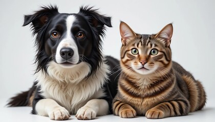 Fototapeta premium A black and white border collie and a fluffy brown tabby cat lying side by side, facing forward with calm expressions, detailed fur, soft studio lighting, and a dark minimal background