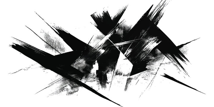 A dynamic abstract black and white grunge explosion graphic design element with aggressive brush strokes and radiating lines