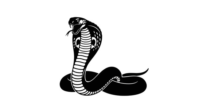 King cobra snake vector illustration, black and white serpent mascot with flared hood, aggressive reptile silhouette for logo design