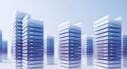 Stacked server racks and data storage units resembling a modern cityscape, set against a bright blue technological background for illustrating cloud computing and big data network concepts
