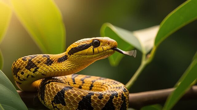 Close-up of a yellow snake with black markings flicking its tongue.