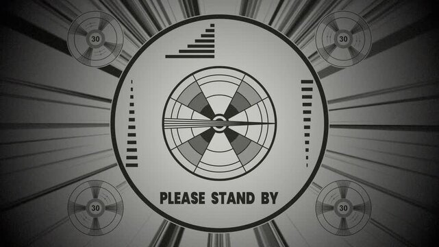 Please stand by a vintage test pattern reminiscent of the fallout game series perfect. Vintage test pattern with fallout game series vibes. Ideal for gaming content, retro designs,  nostalgic projects