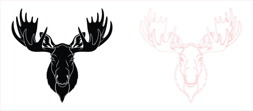 A black silhouette of a moose with large antlers on a white background with a faded red mark