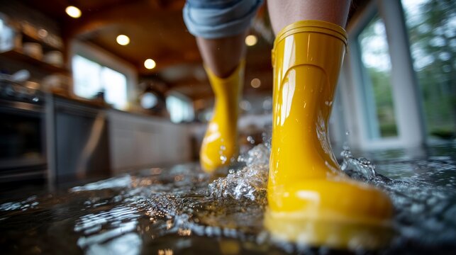 Household flooding with rubber boots in submerged kitchen interior