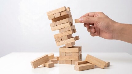 Hand removing a block from a collapsing wooden tower, symbolizing risk and instability.