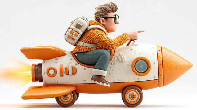 Animated boy with backpack riding orange rocket with wheels, soaring forward.