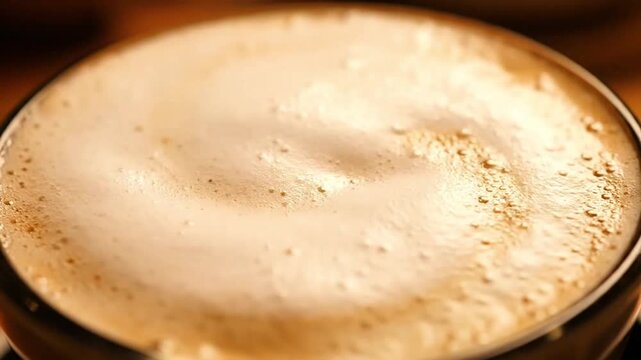 Hyper-realistic macro 4K footage of creamy latte foam surface slowly swirling forming abstract organic patterns, silky microfoam texture visible with subtle bubbles, 