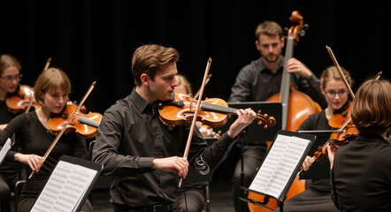 Symphony orchestra musicians playing instruments on stage. Young male violinist performing classical music in concert black
