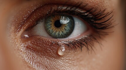 Close-up of teary human eye with detailed iris and reflective tear drop capturing emotion