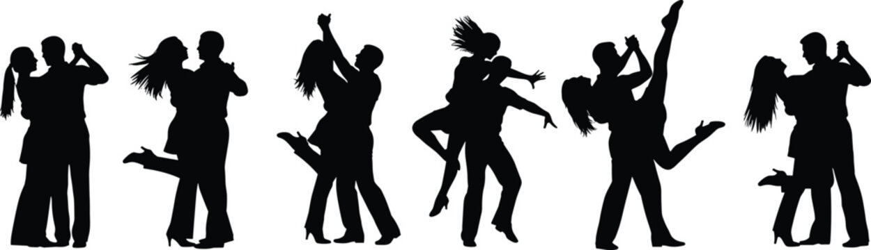 Silhouette illustration of dancing couples in various poses, partner dance moves, romantic performance, expressive motion art, lifestyle entertainment and cultural dance concept