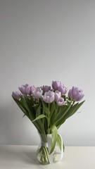 Fototapeta premium Purple tulips bouquet on light background