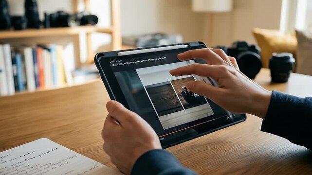 Person editing photos on a digital tablet.