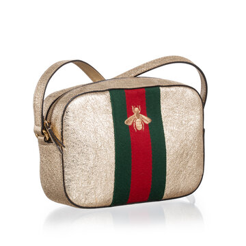Gucci bag, Webby Bee Crossbody model, in gold-colored crinkled leather, photographed on a white background. Milan, Italy, October 3_2025