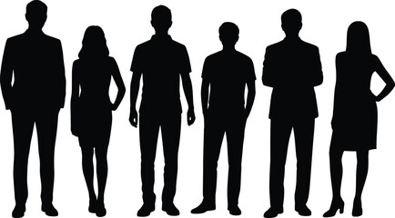 Set of Business People Silhouettes Featuring a Diverse Group of Professional Men and Women in Formal Suits and Casual Attire Standing Isolated on White Background